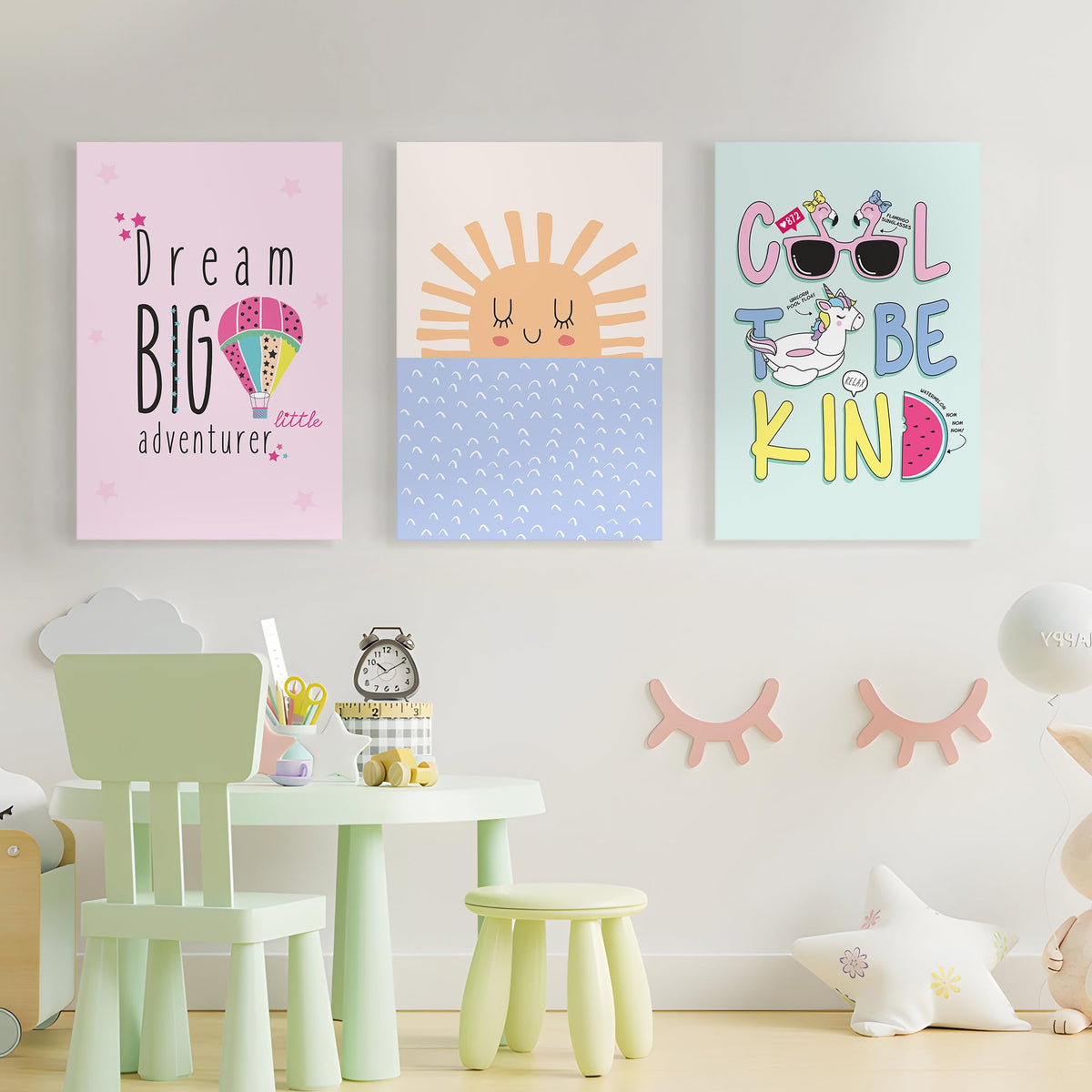 LADECOR 3Pcs Framed Nursery Canvas Wall Art Paintings Kids Bedroom Baby Girls Toddler Pastel Wall Decor Wildlife Animals Artwork