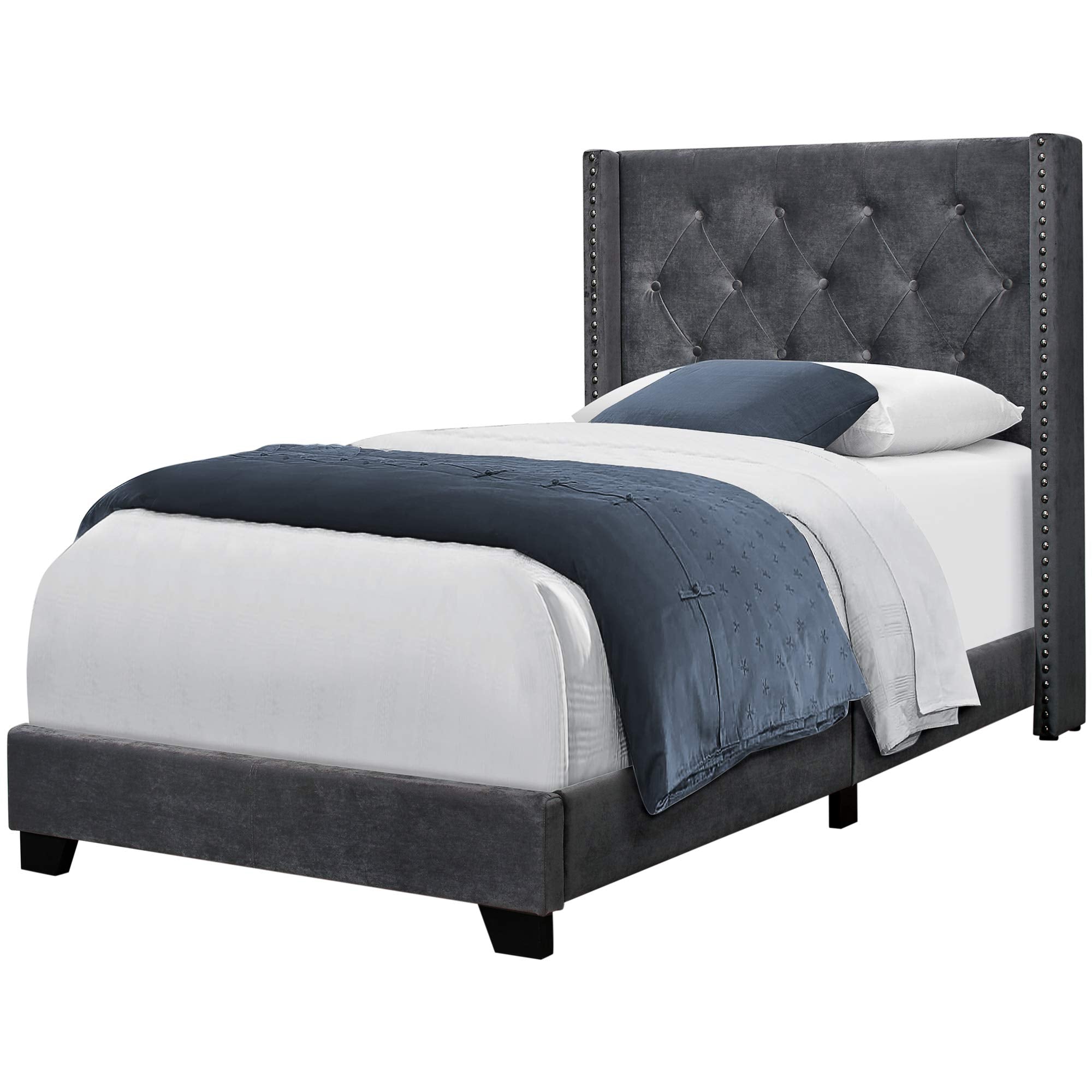 Monarch Specialties I Size/Dark Grey Velvet with Chrome Trim Twin Bed, Double,