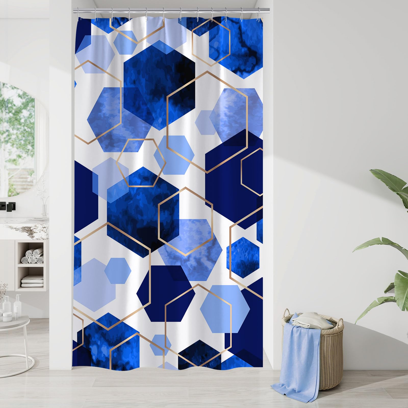 Litabel Modern Small Stall Shower Curtain For Bathroom, Royal Blue Geometric Art Decor Waterproof Bath Curtain, Abstract Fabric
