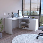 DEPOT E-SHOP Boston L-Shaped Desk, Single Door Cabinet, 2 Open Shelves, 2 Interior Shelves, White