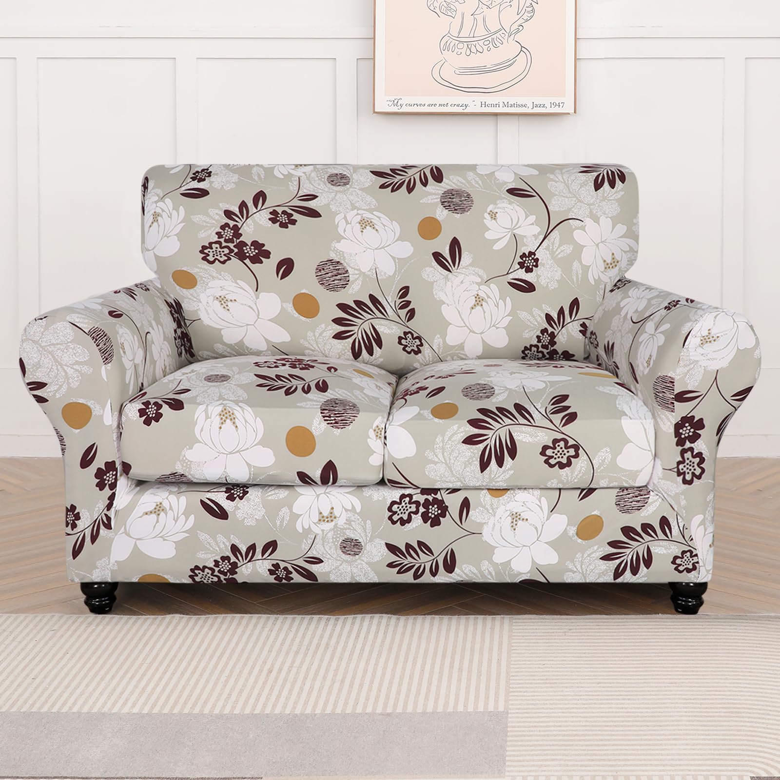 Searchi Stretch Sofa Cover Printed Couch Cover, Floral Pattern 3 Pieces Loveseat Slipcover With 2 Separate Cushion Cover, Washable Furniture Protector For Living Room(Loveseat, Brown Flowers)