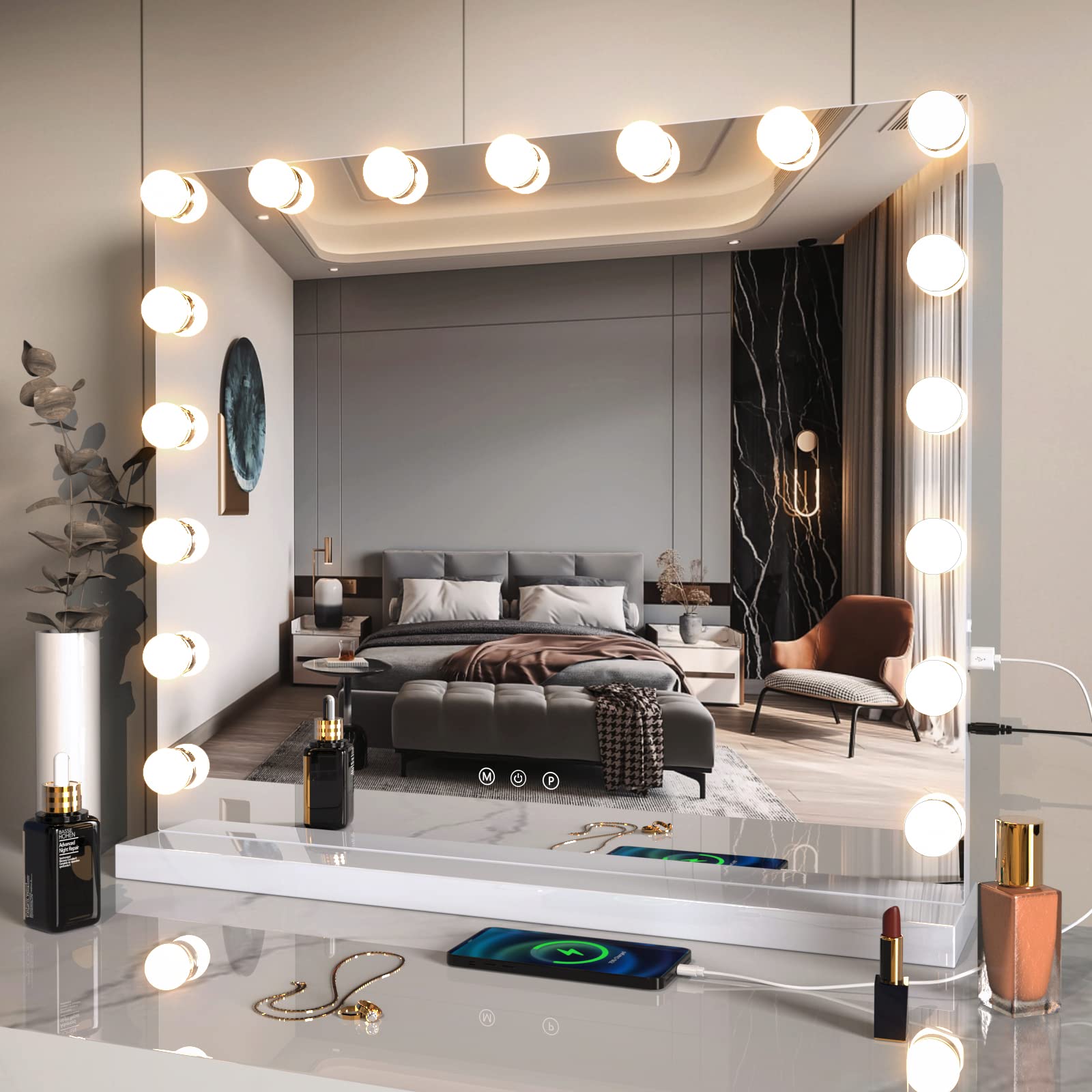 ZL ZELing Vanity Mirror Makeup Mirror with Lights,23.6' x 19.6'Large Tabletop Light up Mirror with 17Bulbs,10X Magnification,U