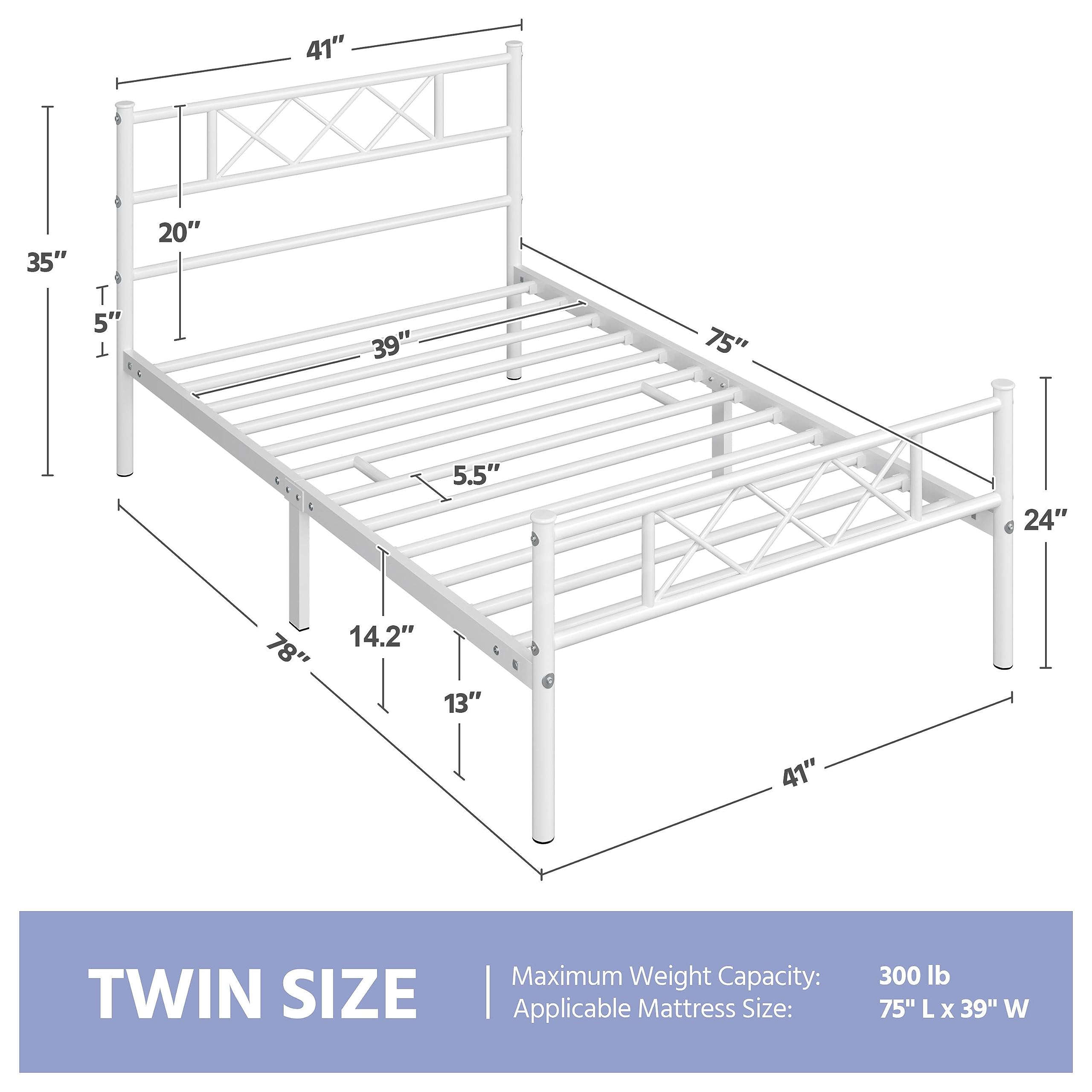 Yaheetech Metal Bed Frame Platform With Headboard And Footboard Mattress Foundation No Box Spring Needed Under Bed Storage Strong Slat Support Twin Size White