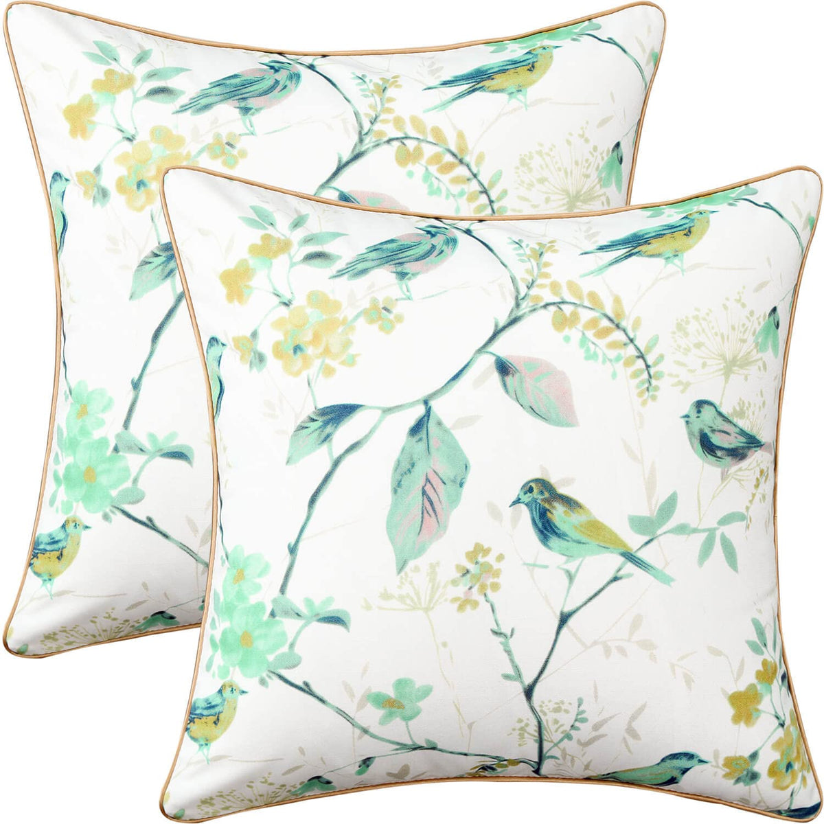 Vogol Set Of 2 Throw Pillow Covers, Green Birds Flowers Pattern Printed Country Farmhouse Home Decoration Throw Pillowcases, 18