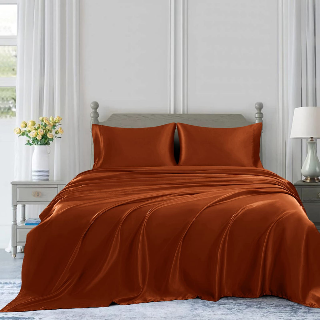 Homiest 4Pcs Satin Sheets Set Luxury Silky Satin Bedding Set With Deep Pocket, 1 Fitted Sheet + 1 Flat Sheet + 2 Pillowcases (Full Size, Burnt Orange)