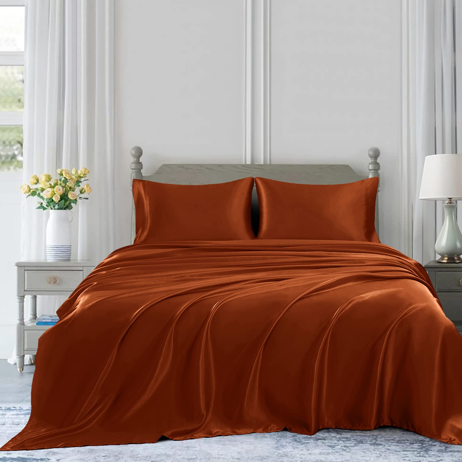 Homiest 4Pcs Satin Sheets Set Luxury Silky Satin Bedding Set With Deep Pocket, 1 Fitted Sheet + 1 Flat Sheet + 2 Pillowcases (King Size, Burnt Orange)
