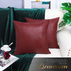 Brawarm Faux Leather Pillow Covers 18 X 18 Inches, Deep Red Leather Pillow Covers Pack Of 2, Crocodile Leather Decorative Throw