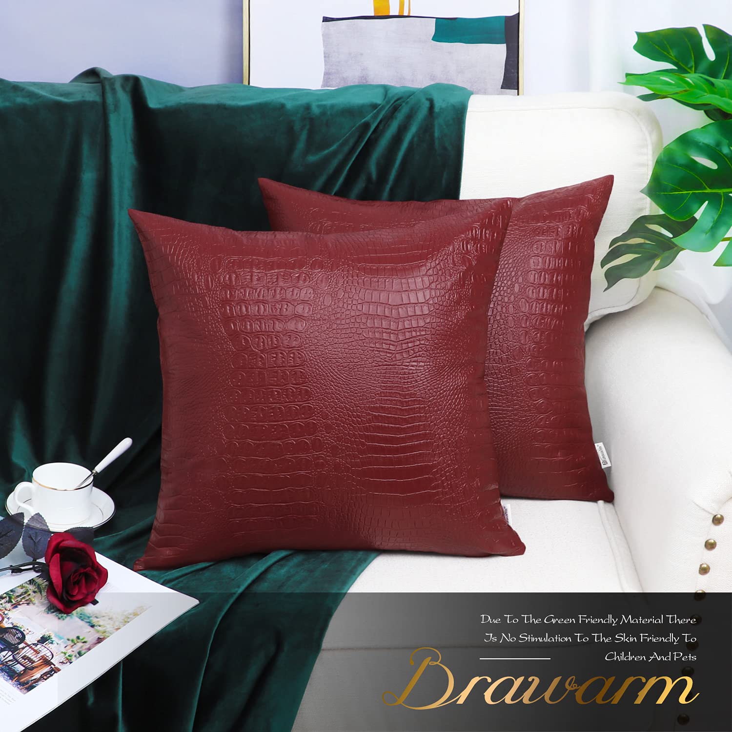 Brawarm Faux Leather Pillow Covers 20 X 20 Inches, Deep Red Leather Pillow Covers Pack Of 2, Crocodile Leather Decorative Throw