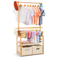 Vilaxing Kids Clothing Rack Bamboo with 2 Storage Baskets and 2 Adjustable Hanging Rods,Child Garment Rack,Dress up Rack for Pla