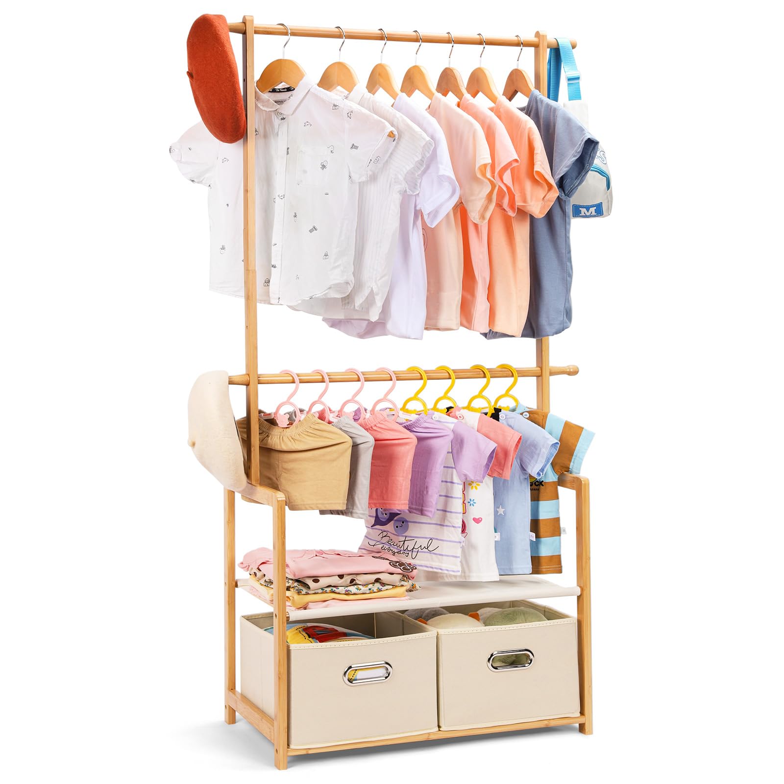 Vilaxing Kids Clothing Rack Bamboo with 2 Storage Baskets and 2 Adjustable Hanging Rods,Child Garment Rack,Dress up Rack for Pla