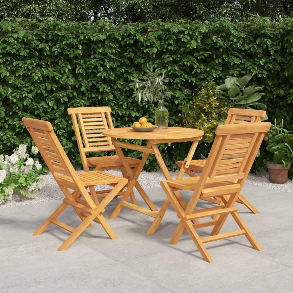 vidaXL Teak Wood 5-Piece Patio Dining Set - Foldable Round Table and Chairs Set - Scandinavian Style Outdoor Furniture for Garden, Deck, and Terrace