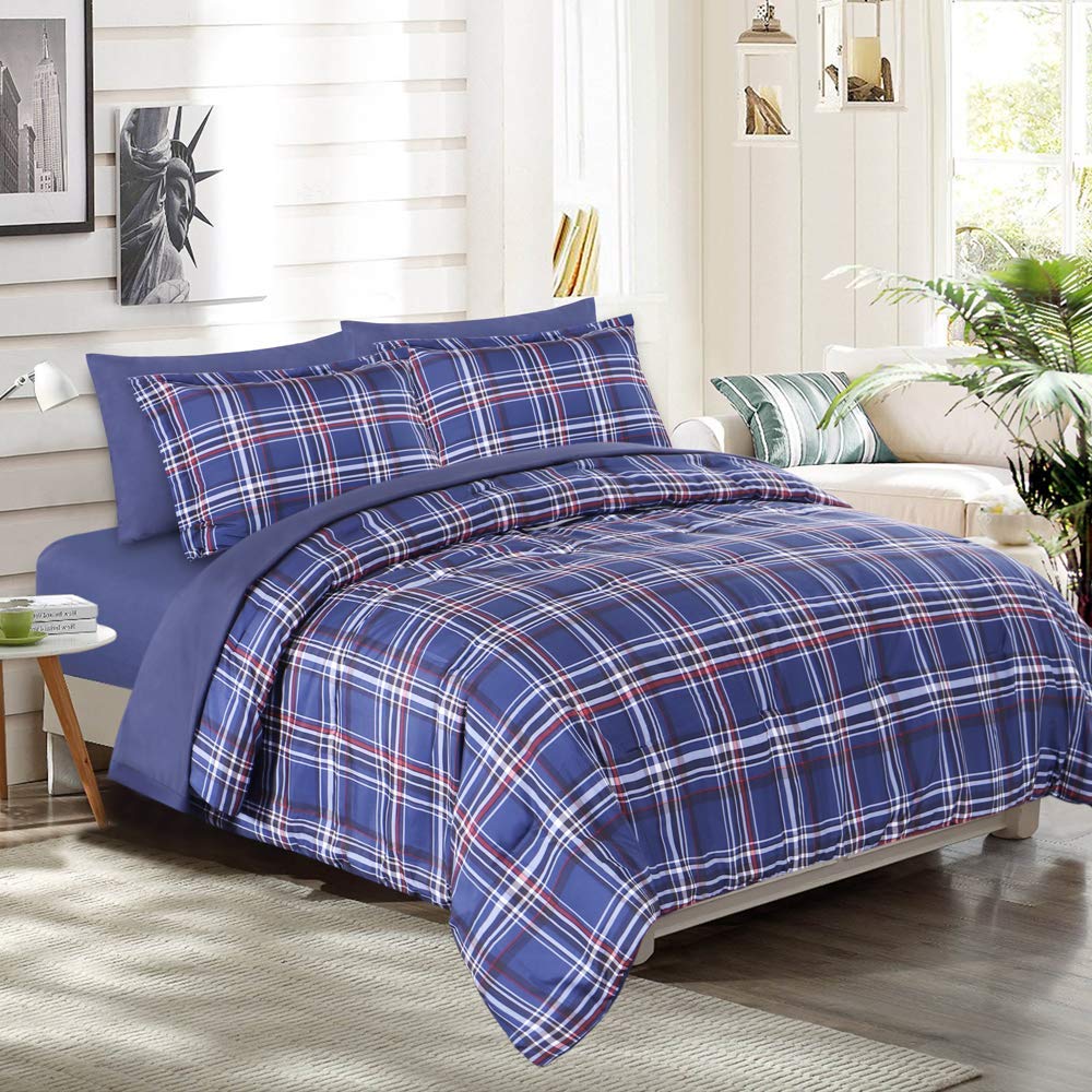 Emme King Comforter Set-Bed In A Bag Plaid, 7 Piece Navy Blue Bedding Sets King Size With Sheets, Comforter, Pillowcases&Shams,