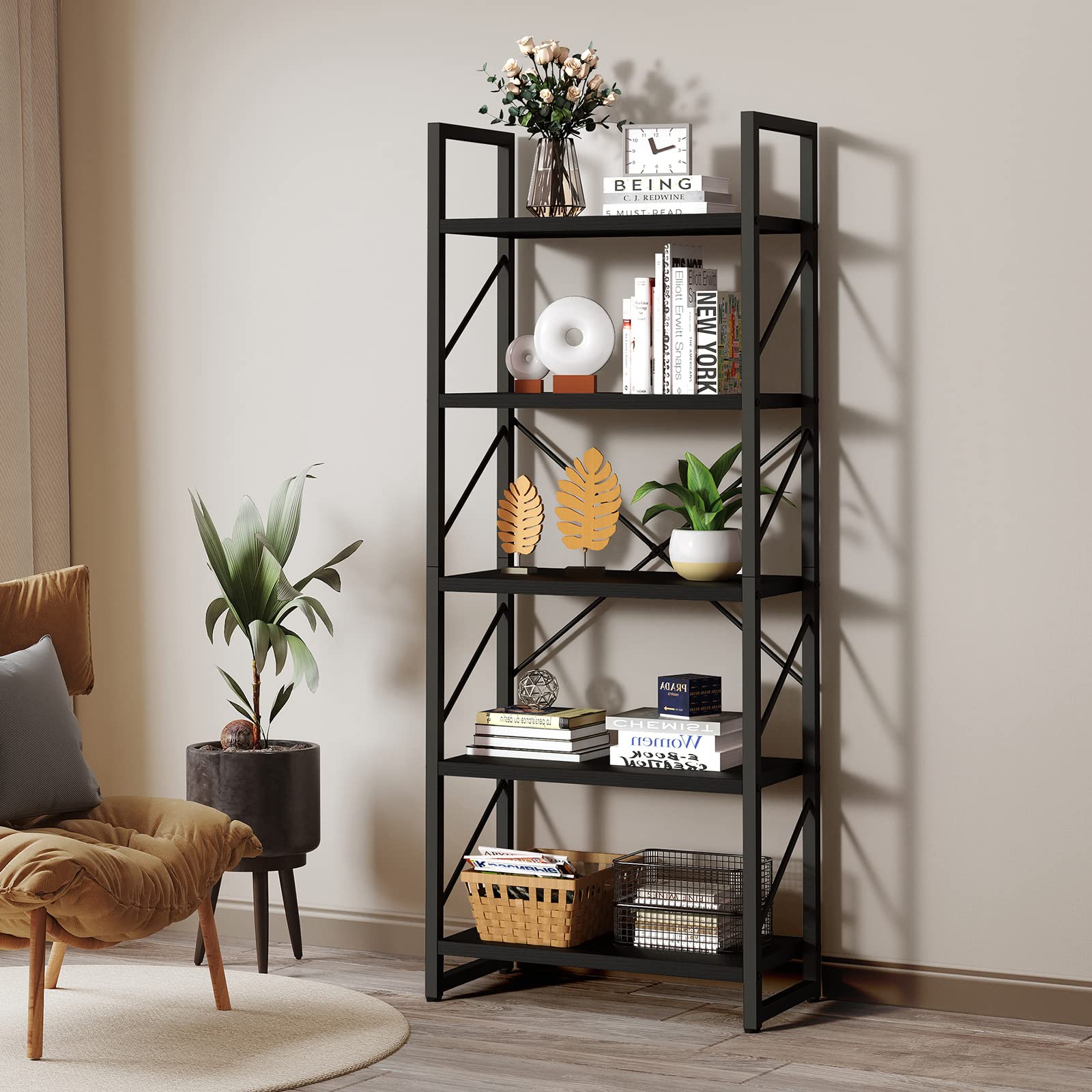 Yitahome 5 Tiers Bookshelf, Industrial Artsy Grey Bookcase Bookshelves, Book Rack, Storage Rack Shelves Books Holder Organizer For Books Movies In Living Room Home Office, Charcoal Gray + Black