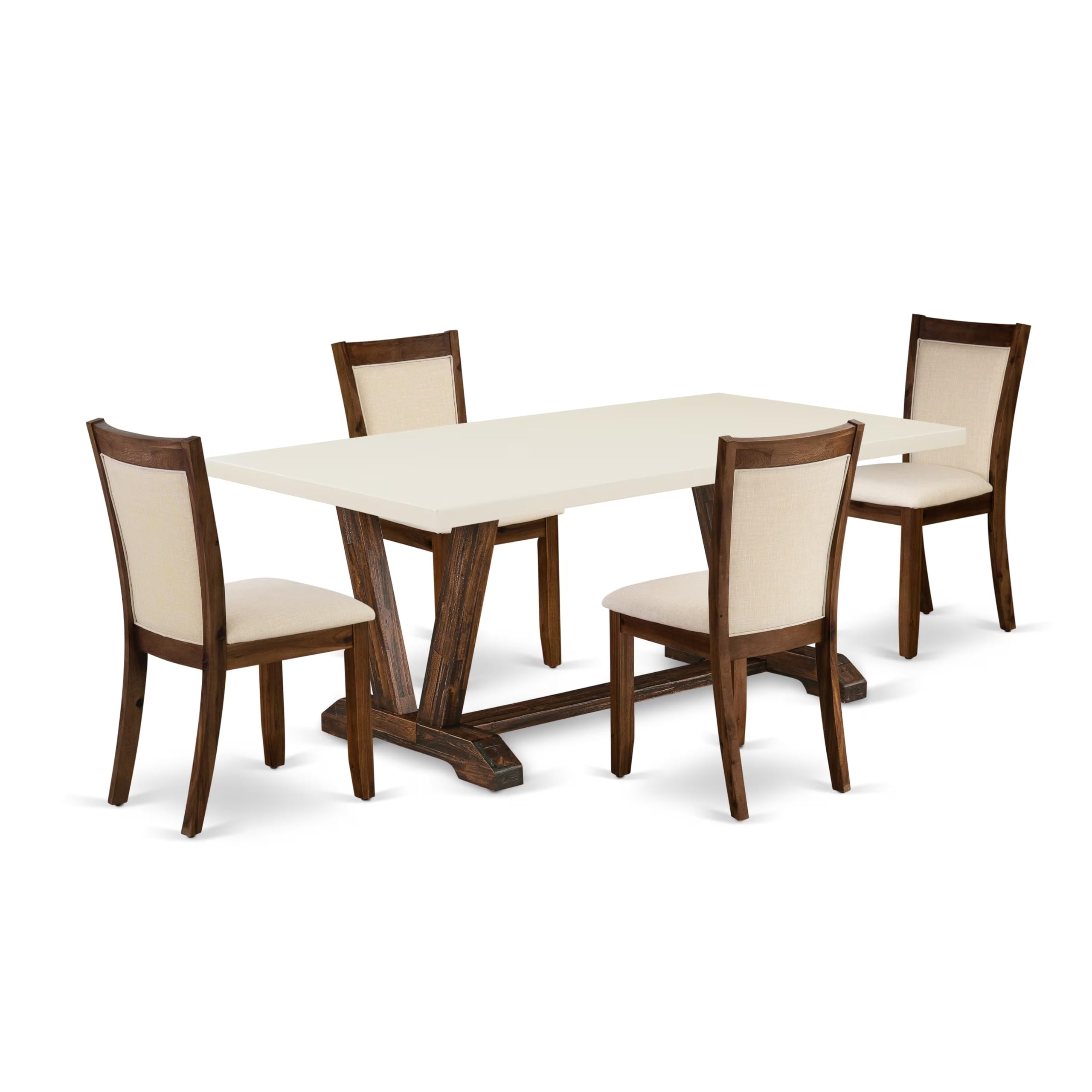 East West Furniture V727Mzn32-5 5 Piece Dinette Set Includes A Rectangle Dining Room Table With V-Legs And 4 Light Beige Linen Fabric Parsons Dining Chairs, 40X72 Inch, Multi-Color