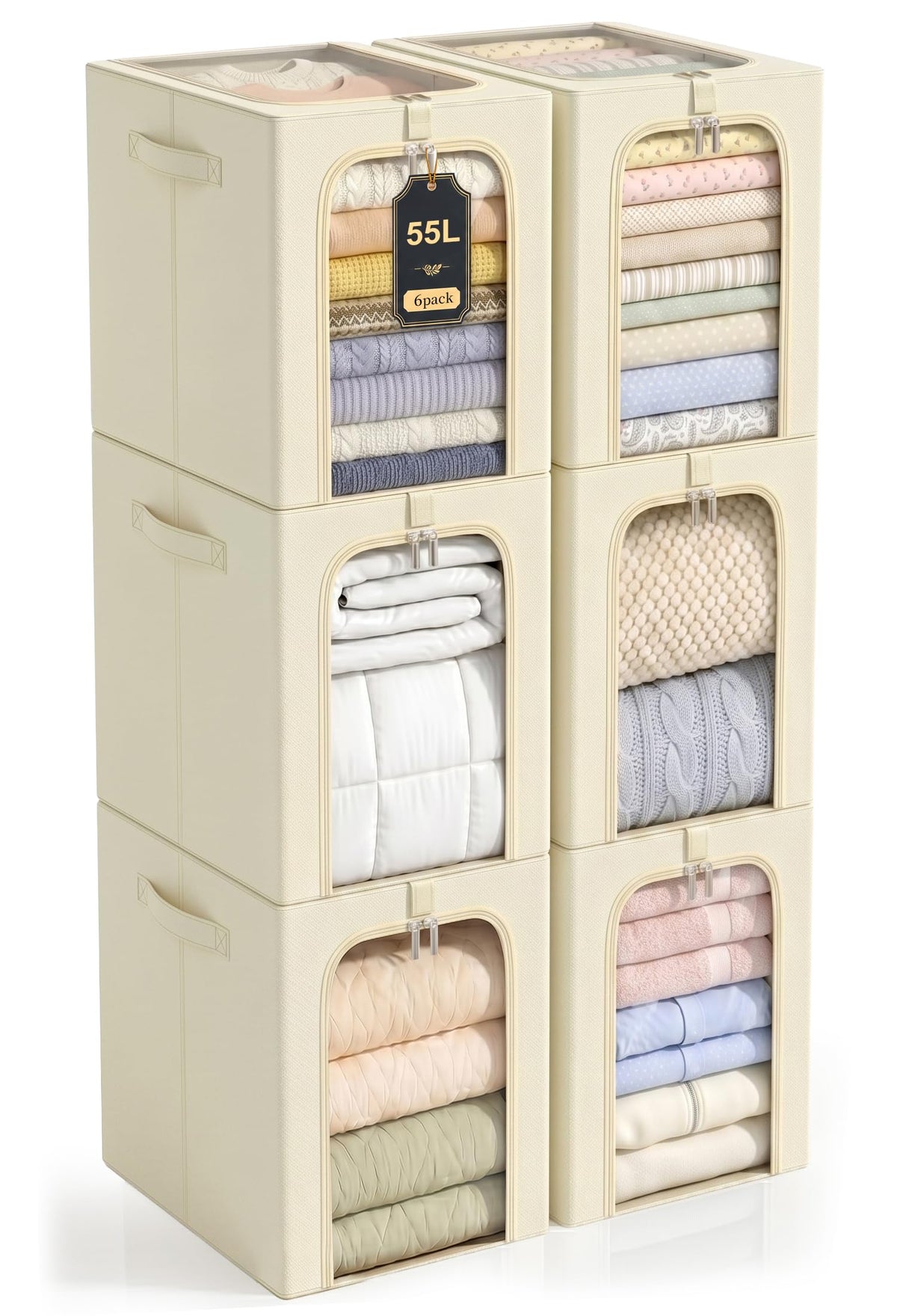 GoMaihe Blanket Storage Bins with Metal Frame for Closet, 55L 6Pack Beige