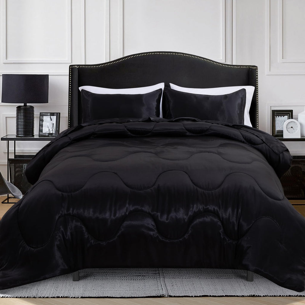 A Nice Night 5Pcs Satin Silky Soft Quilt Luxury Super Soft Microfiber Bedding Thin Comforter Set Queen,Black