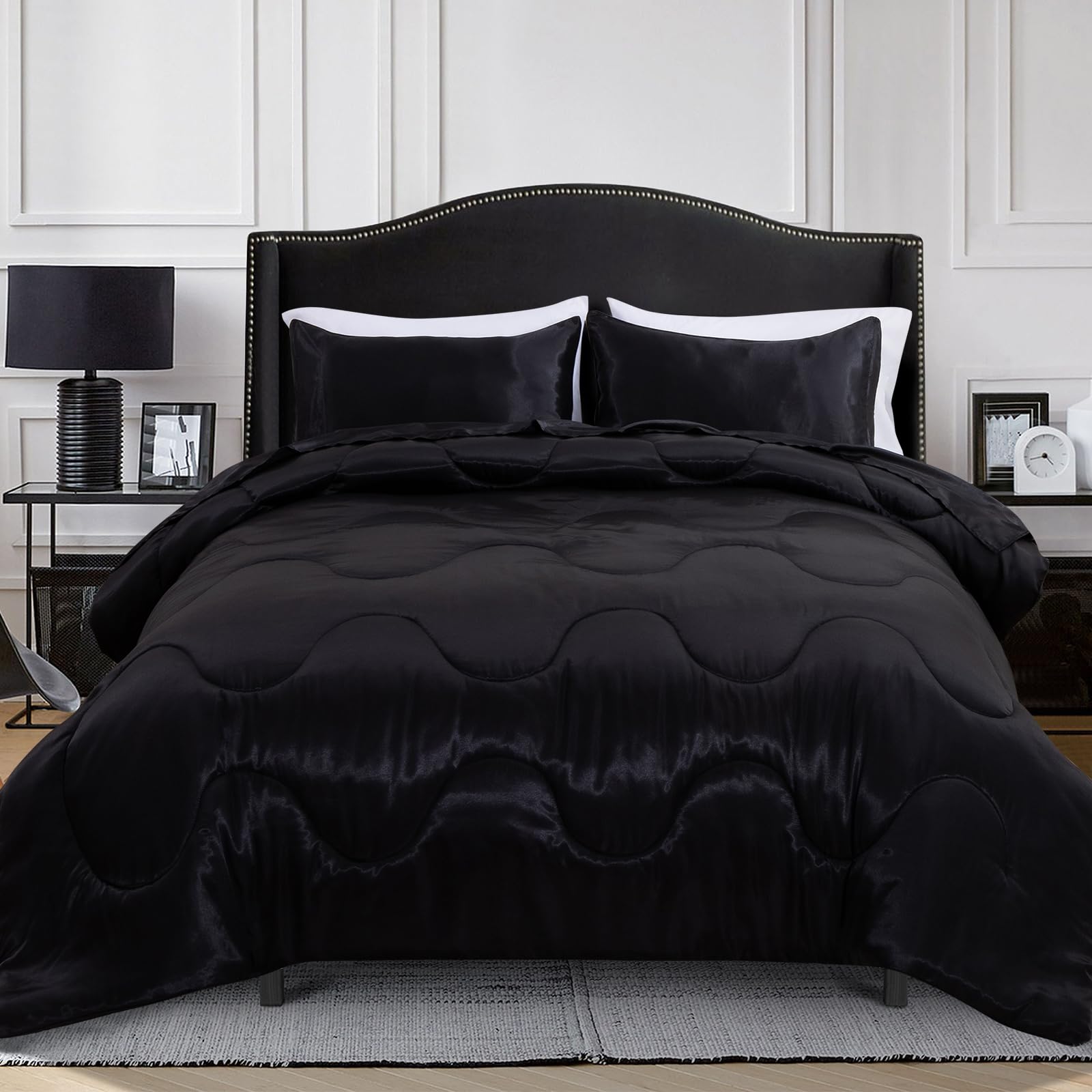 A Nice Night 5Pcs Satin Silky Soft Quilt Luxury Super Soft Microfiber Bedding Thin Comforter Set Queen,Black