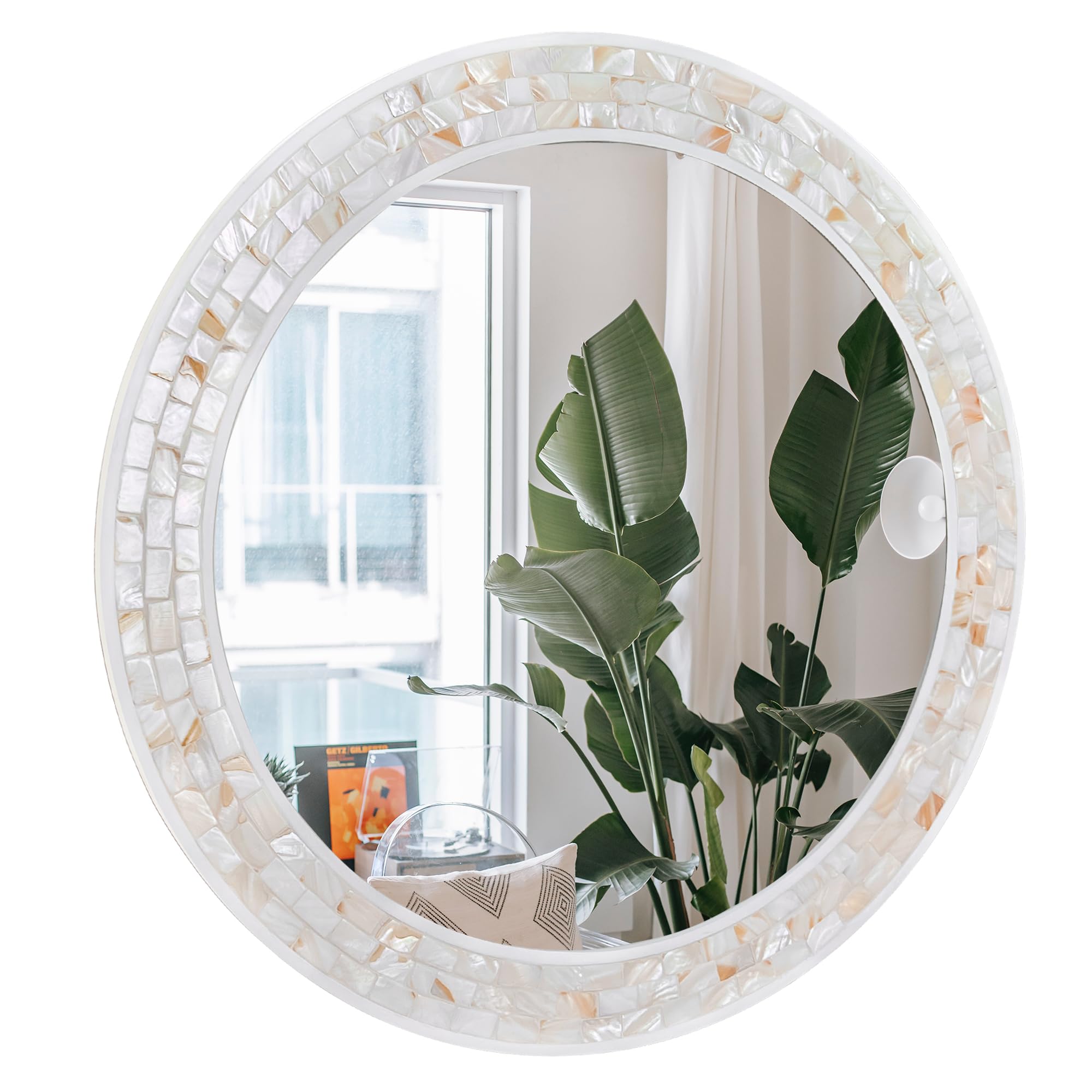 DUQIMO White Round Mirror 30 Inch, Natural Shell Inlay Mosaic Design Frame Circle Wall Mirror for Bathroom Bedroom Living Room o