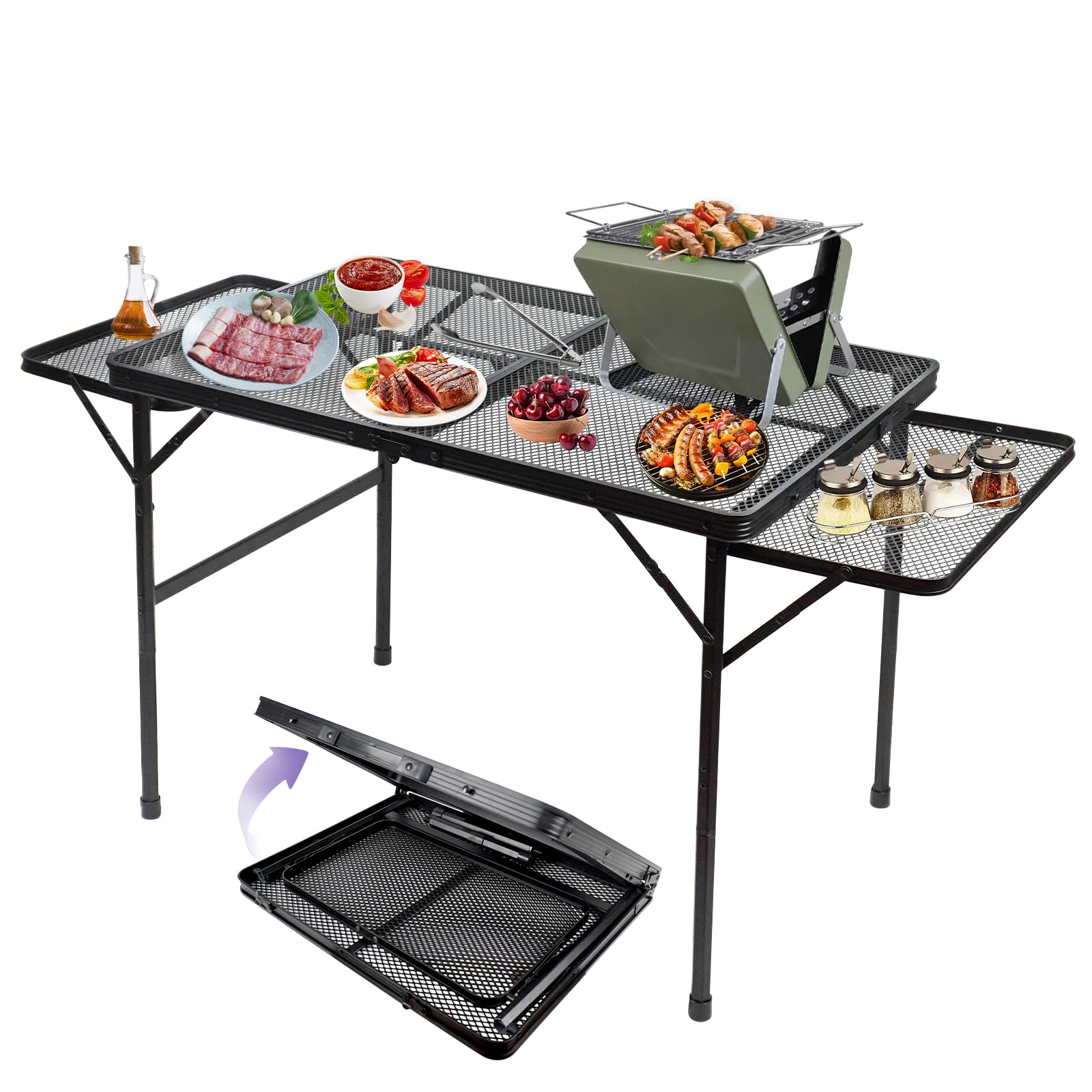 Brian & Dany 3X2 Ft Camping Table With 2 Wing Panels, Folding Grill Table, Metal Portable Picnic Table, Lightweight Height Adjustable Foldable Table For Outdoor, Black