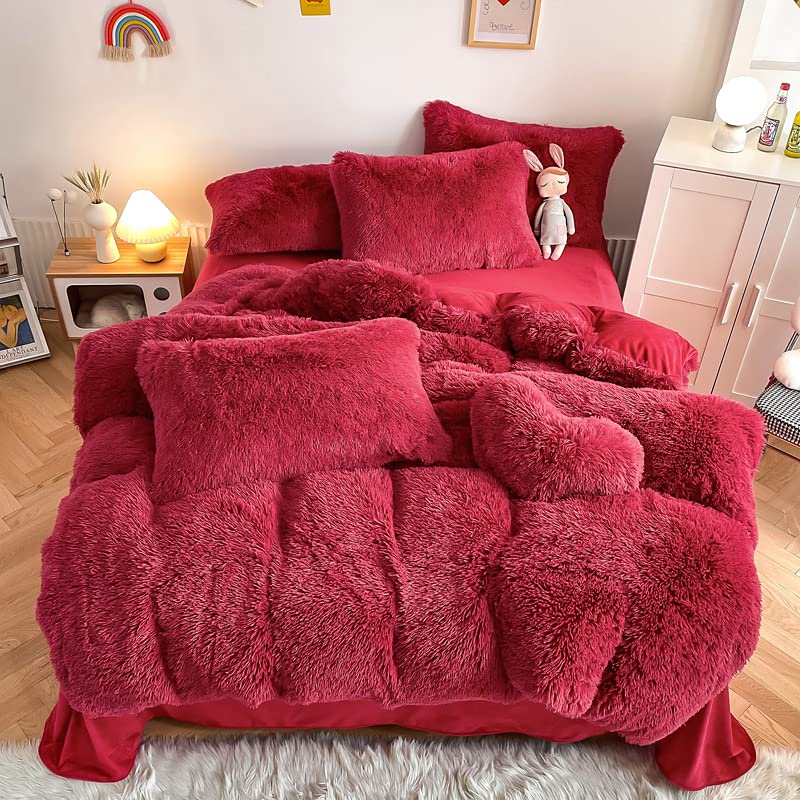 Chovy Faux Fur Plush Dark Red Comforter Sets Twin/Full Size - Ultra Soft Shaggy Flannel Velvet Fluffy Fuzzy 3Pc Bedding Set (Com