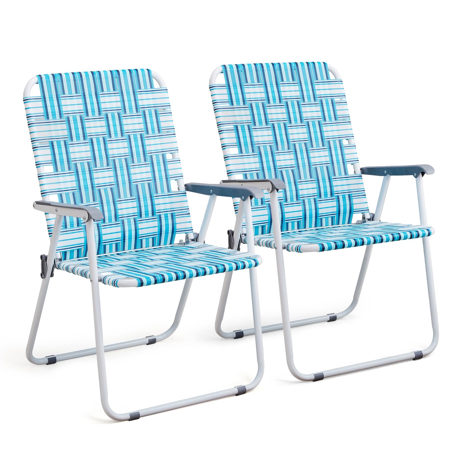 Vingli Patio Lawn Webbed Folding Chairs Outdoor Beach Portable Camping Chair For Yard, Garden (2, White & Blue, Oversized)