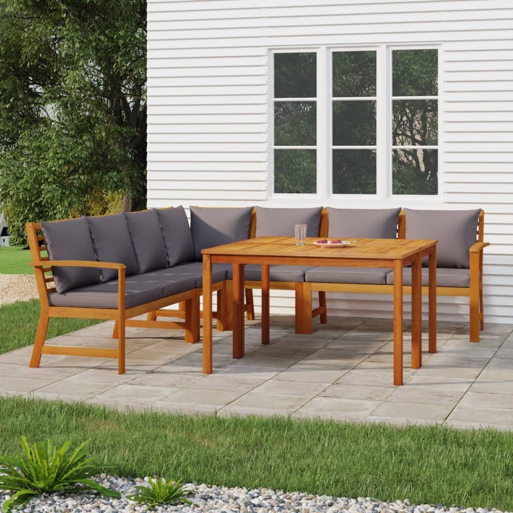 vidaXL Garden Dining Set with Cushions - 7 Piece Outdoor Patio Furniture, Solid Acacia Wood, Modular Design, Dark Gray Cushion Cover