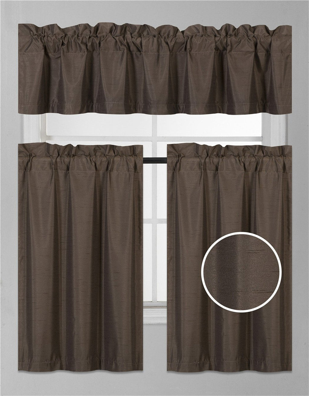 3Pc Set Solid Faux Silk Lined Blackout Rod Pocket Small Kitchen Window Curtain With Valance (K3) (Brown Coffee)