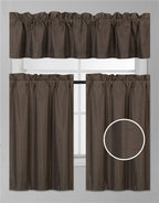 3Pc Set Solid Faux Silk Lined Blackout Rod Pocket Small Kitchen Window Curtain With Valance (K3) (Brown Coffee)