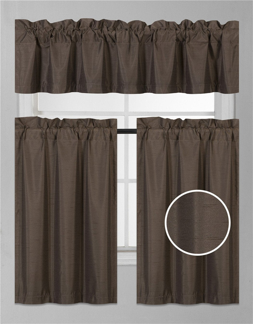 3Pc Set Solid Faux Silk Lined Blackout Rod Pocket Small Kitchen Window Curtain With Valance (K3) (Brown Coffee)