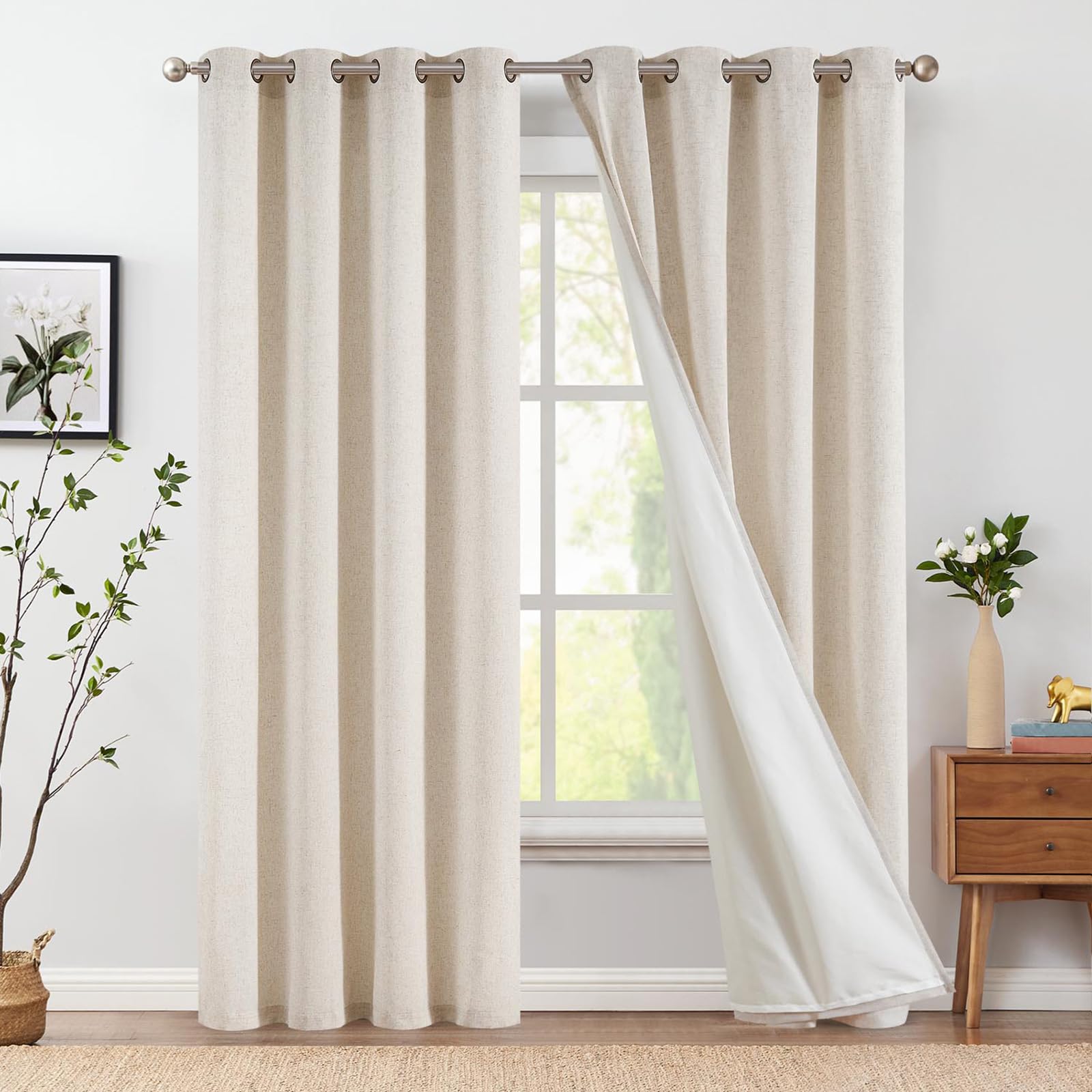 Jinchan Linen Beige Curtains 90 Inch Long For Living Room Bedroom Farmhouse Grommet Top Light Filtering Window Drapes Lined Curt