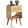 WLIVE Rattan Nightstand with Charging Station, Boho Night Stand, Small Bedroom Side Table, End Table with Drawer and Storage, Wo
