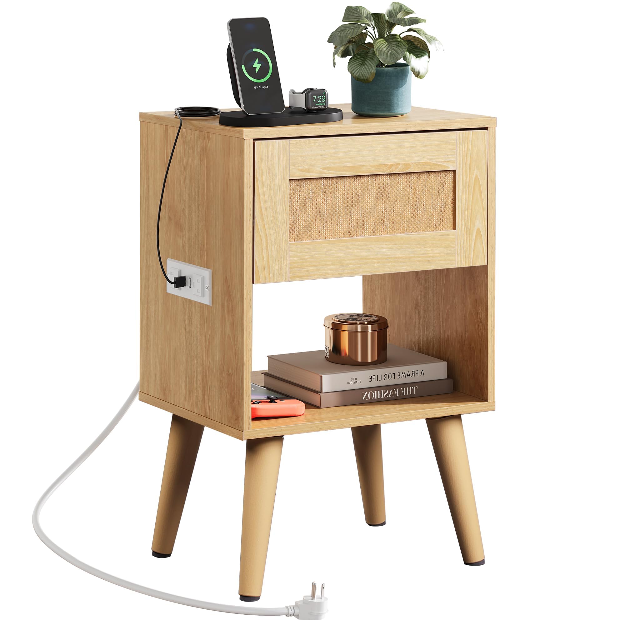 WLIVE Rattan Nightstand with Charging Station, Boho Night Stand, Small Bedroom Side Table, End Table with Drawer and Storage, Wo