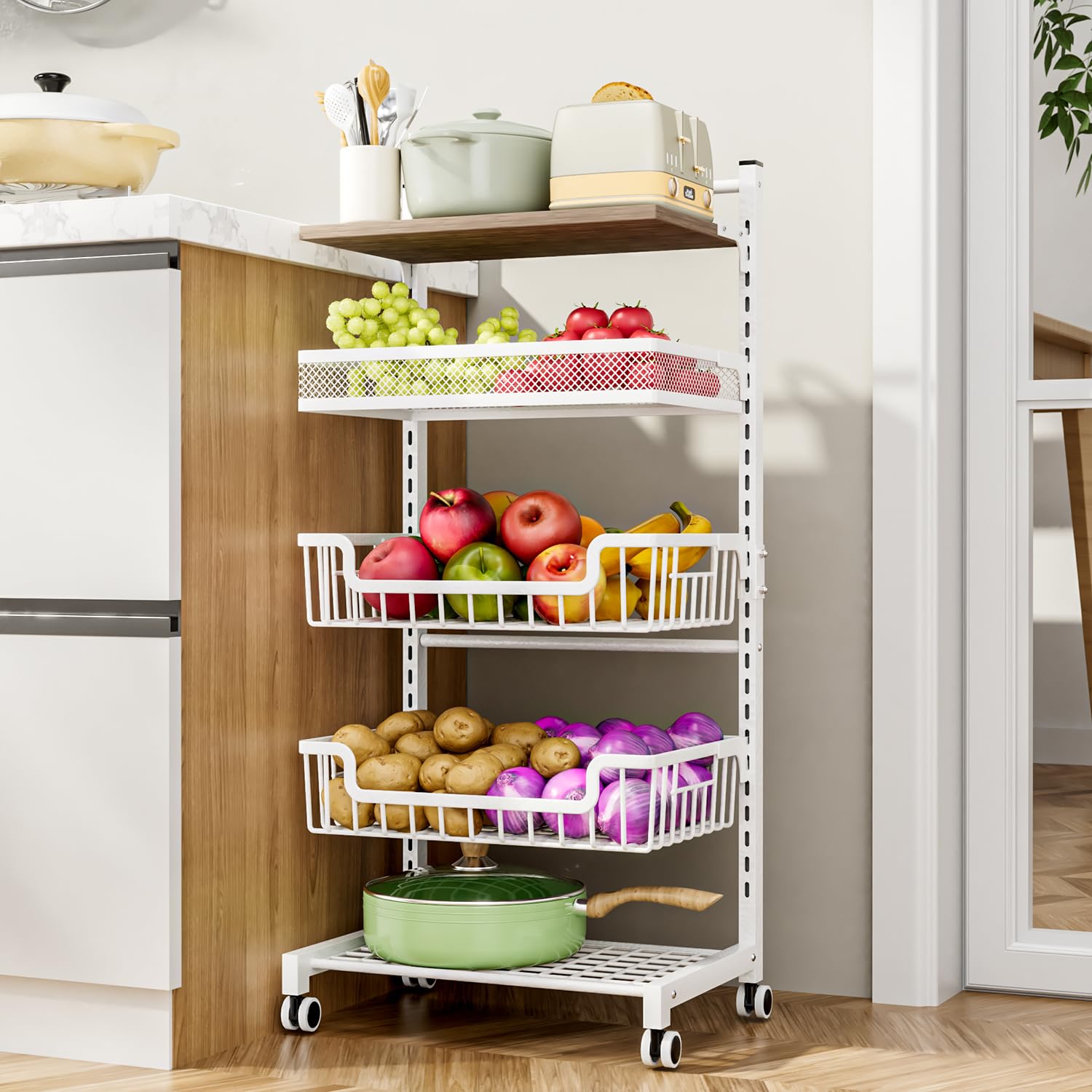 Hapirm Fruit Basket Kitchen Cart - 5 Tier Adjustable Vegetable Storage Rack, Large Capacity Rolling Kitchen Carts On Wheels For