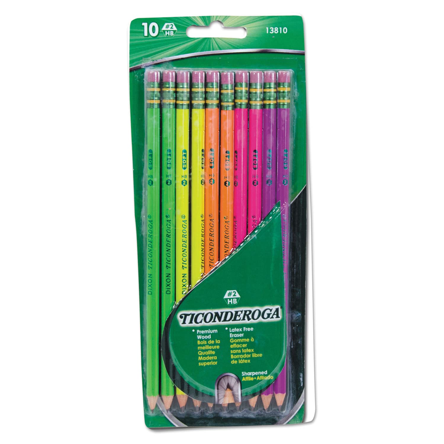 Ticonderoga 13810 Pre-Sharpened Pencil, Hb, #2, Assorted Color Barrels, 10/Set