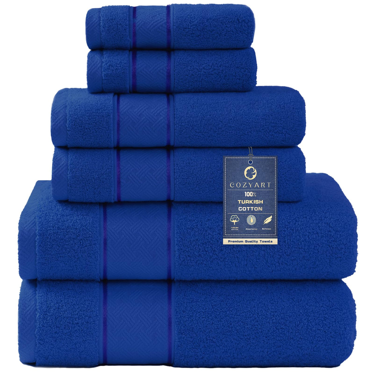 COZYART Royal Blue Bath Towels Set 6 Piece, 2 Bath Towels 2 Hand Towels 2 Washcloths, Luxury 100% Turkish Cotton 650GSM Hotel Qu