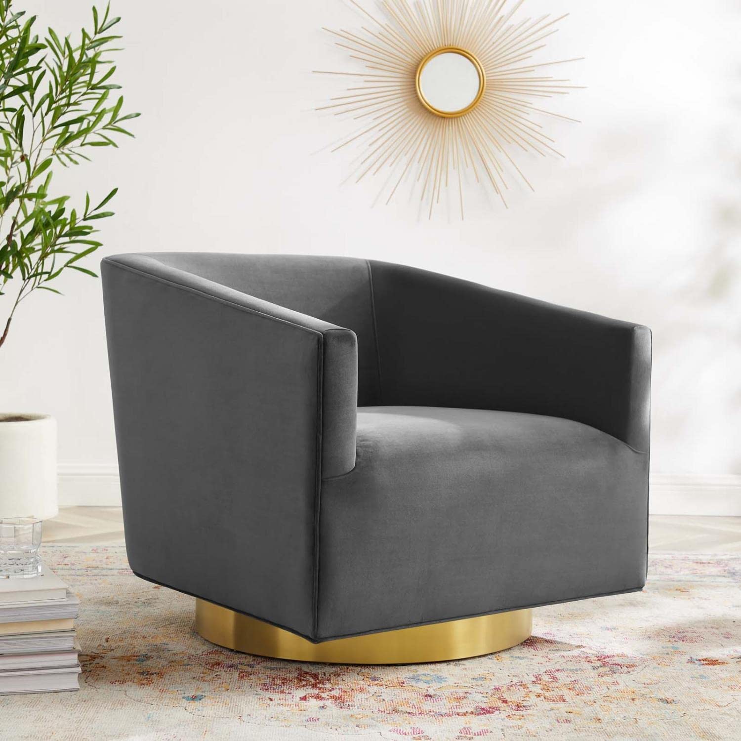 Modway Twist Performance Velvet Accent Lounge Swivel Chair, Gold Charcoal