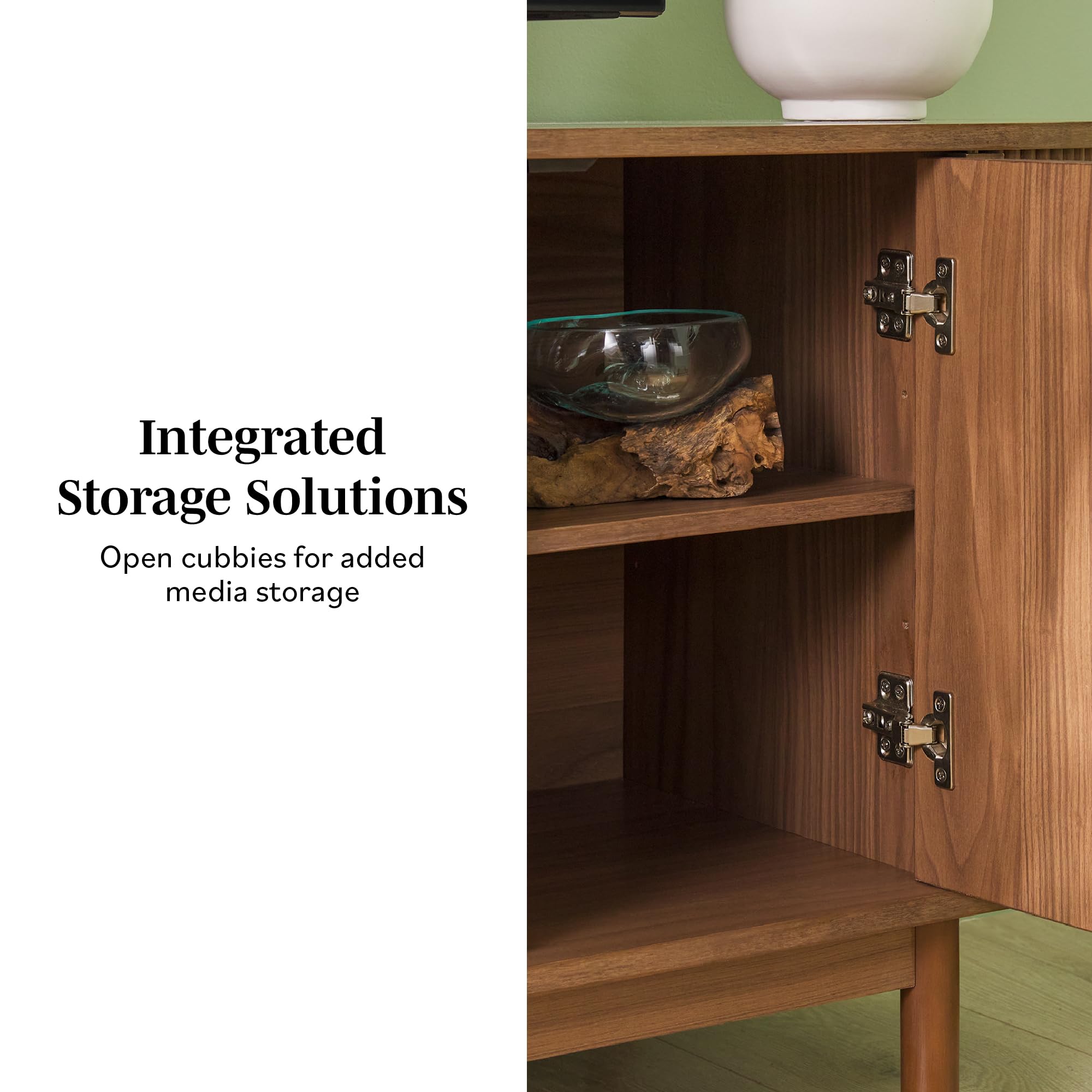 Walker Edison Modern Curved Reeded Tv Stand For Tvs Up To 65 Inches, Credenza With Sliding Doors And Adjustable Shelves, Tv Stand With Cord Management Cutout, 60 Inch, Mocha