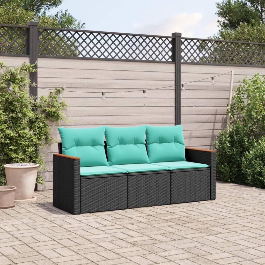 vidaXL Patio Sofa Set - Black Poly Rattan, Modern 3-Piece Outdoor Furniture with Cushions and Storage, Modular Design for Garden & Terrace - Black and Blue