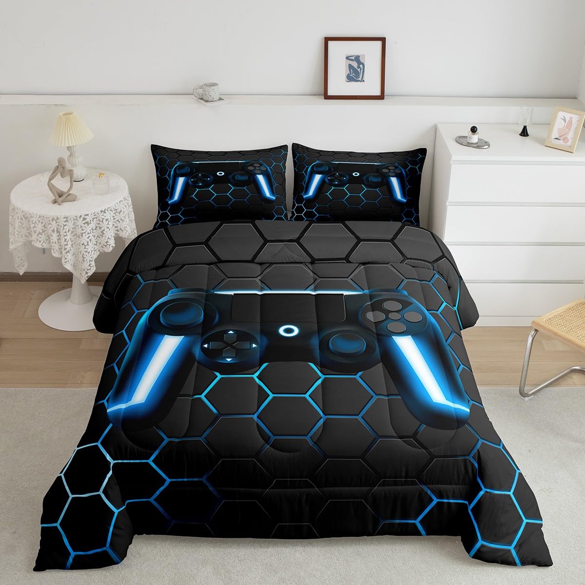 Erosebridal Blue Gaming Comforter Gamer Bedding Sets For Boys Game Home Decor 3 Piece Gamepad Duvet Set Console Game Controller