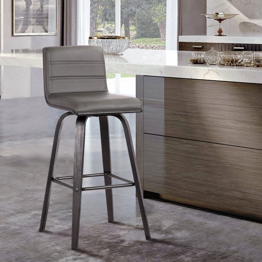HomeRoots 26â€ Gray Faux Leather Black Wooden Swivel Bar Stool