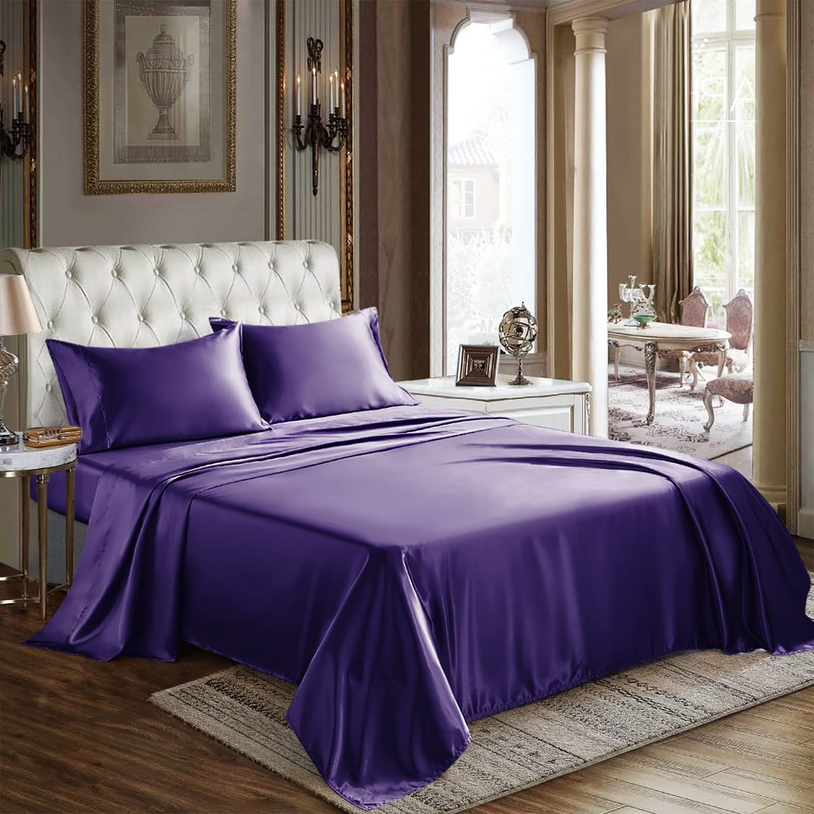 Cozylux Satin Sheets King Size - 4 Piece Purple Bed Sheet Set With Silky Microfiber, 1 Deep Pocket Fitted Sheet, 1 Flat Sheet, A