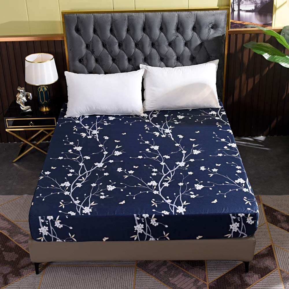 Hecnoey Floral Printed Bed Fitted Sheets,Deep Pocket Mattress Cover Sheets Fitted Sheet Only (Navy Blue,Full)