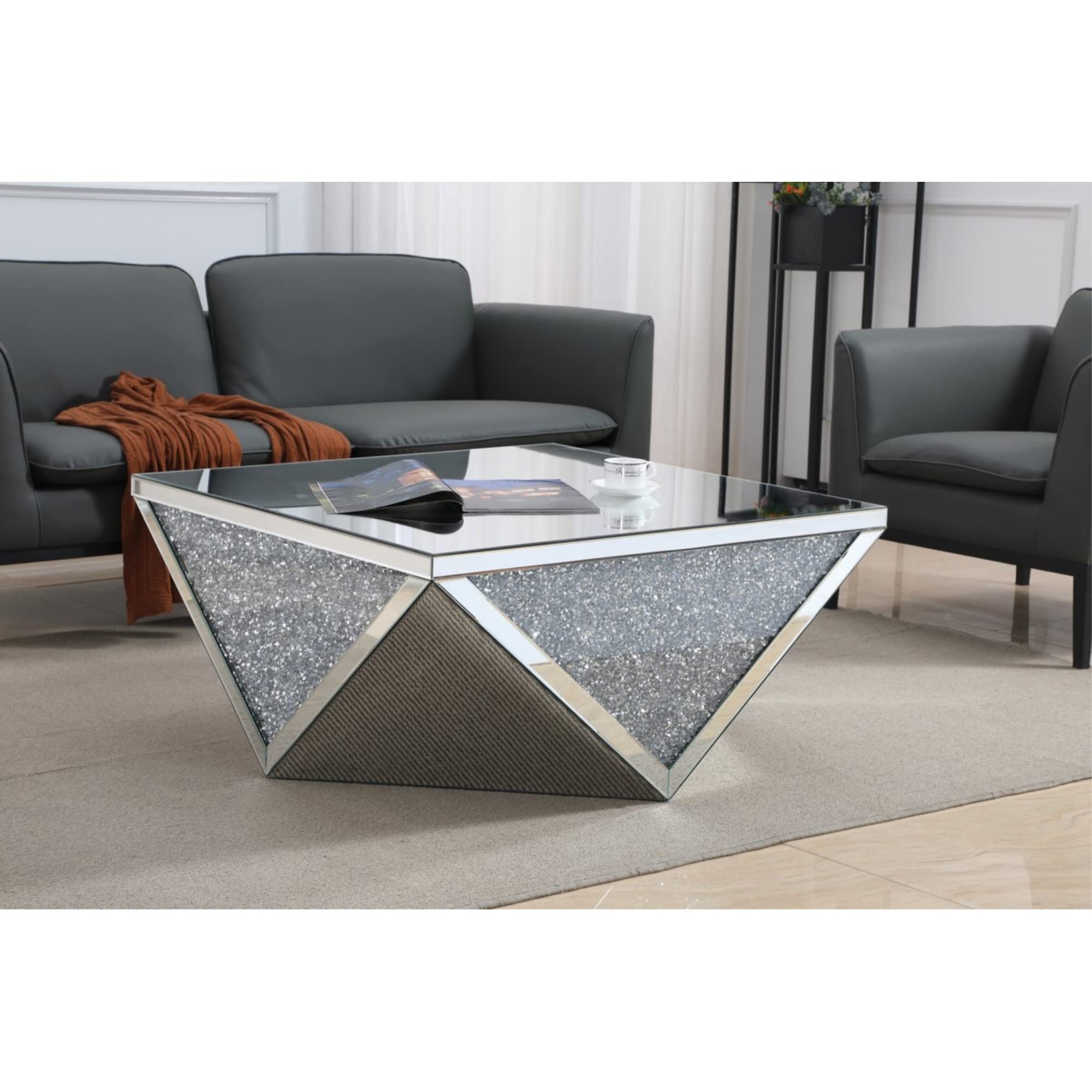 Elegant Decor Modern 38&quot; Square Polygonal Silver Crystal Mirrored Coffee Table