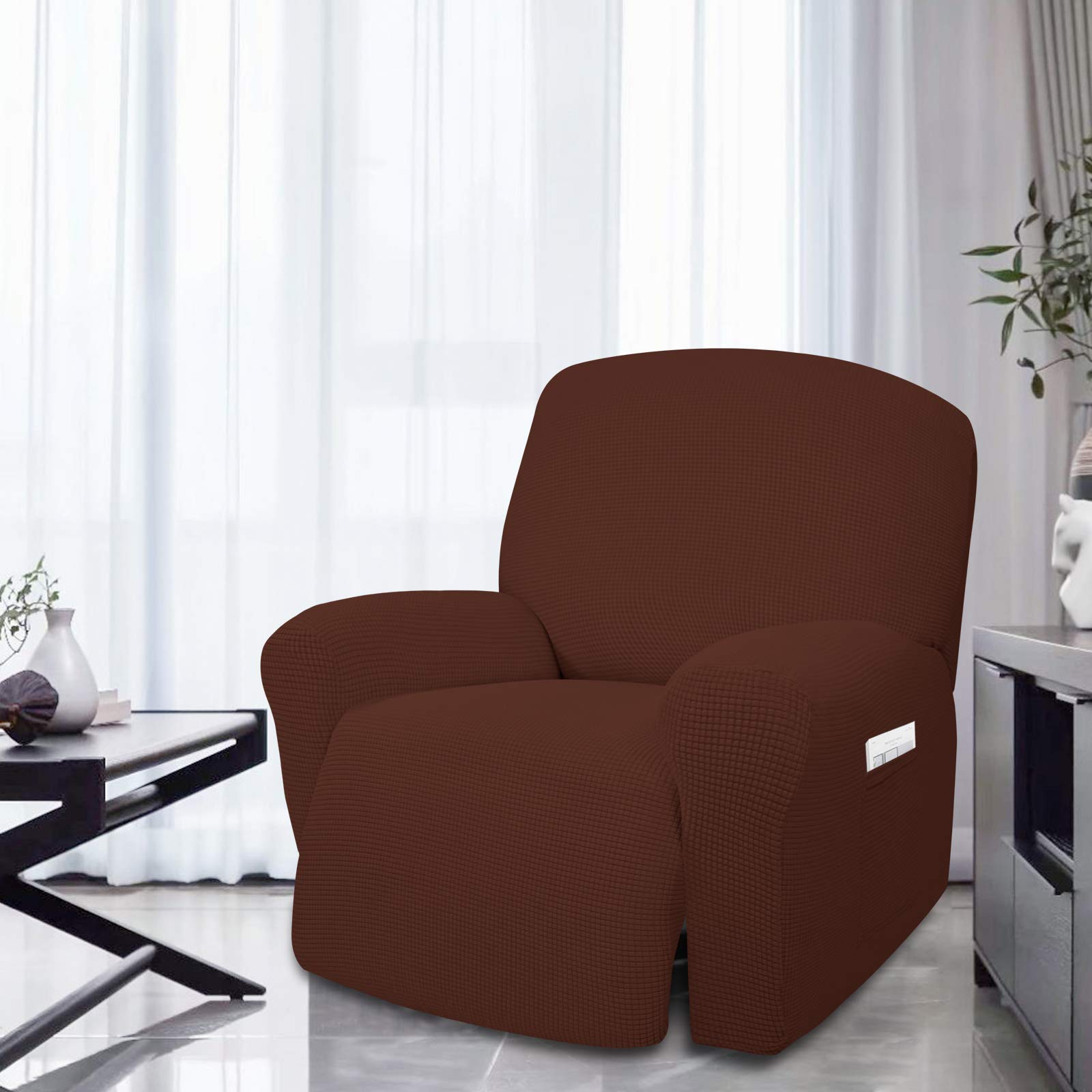Easy-Going 4 Pieces Oversized Recliner Stretch Sofa Slipcover Sofa Cover Furniture Protector Couch Soft With Elastic Bottom Polyester Spandex Jacquard Fabric Small Checks Coffee, X-Large