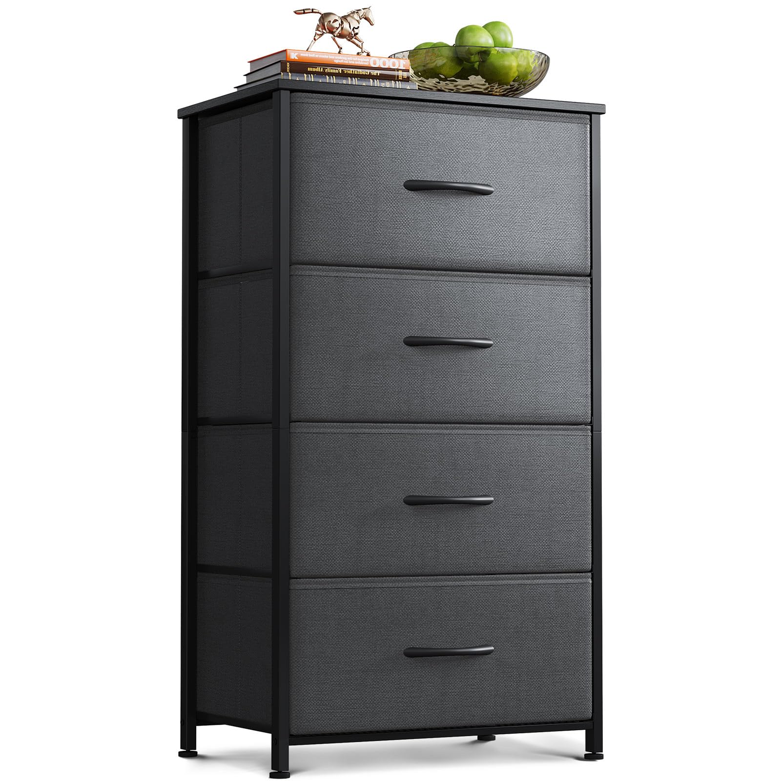 Aodk Dresser For Bedroom With 4 Storage Drawers, Small Dresser Chest Of Drawers Fabric Dresser With Sturdy Steel Frame, Dresser For Closet With Wood Top, Dark Grey