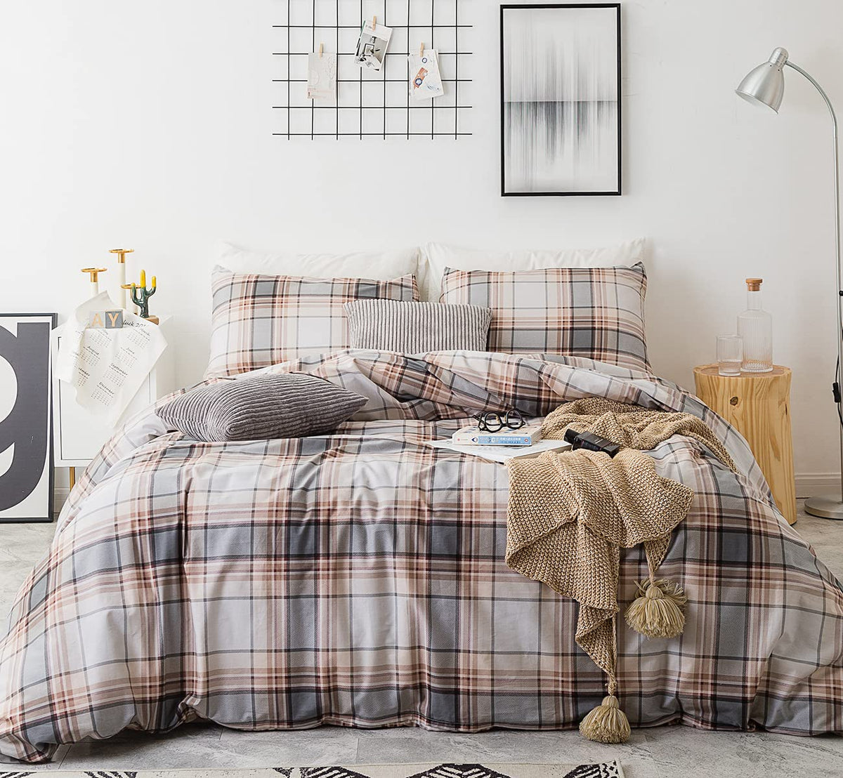 Susybao Plaid Duvet Cover Queen 100% Cotton Khaki Gingham Duvet Cover Set 3 Pieces 1 Tartan Striped Duvet Cover With Zipper Ties