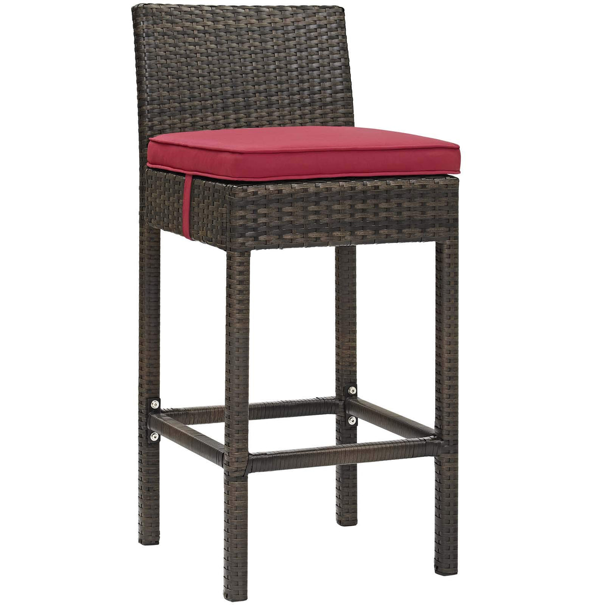 Modway Conduit Wicker Rattan Outdoor Patio Bar Stool With Cushion In Brown Red