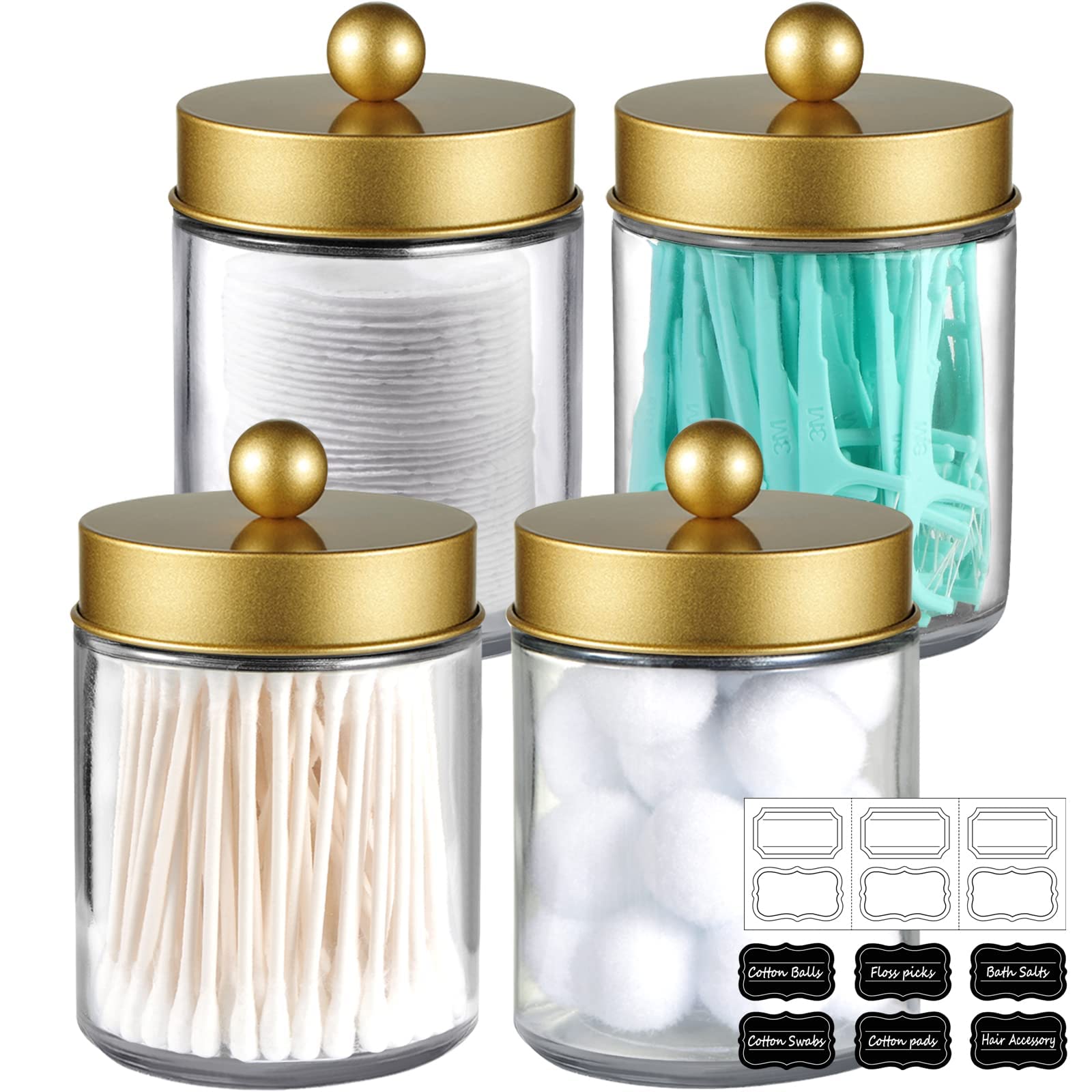 Amolliar 4 Pack Apothecary Jars Bathroom Vanity Storage Organizer Set -Countertop Canister with Stainless Steel Lids &Cute Stick