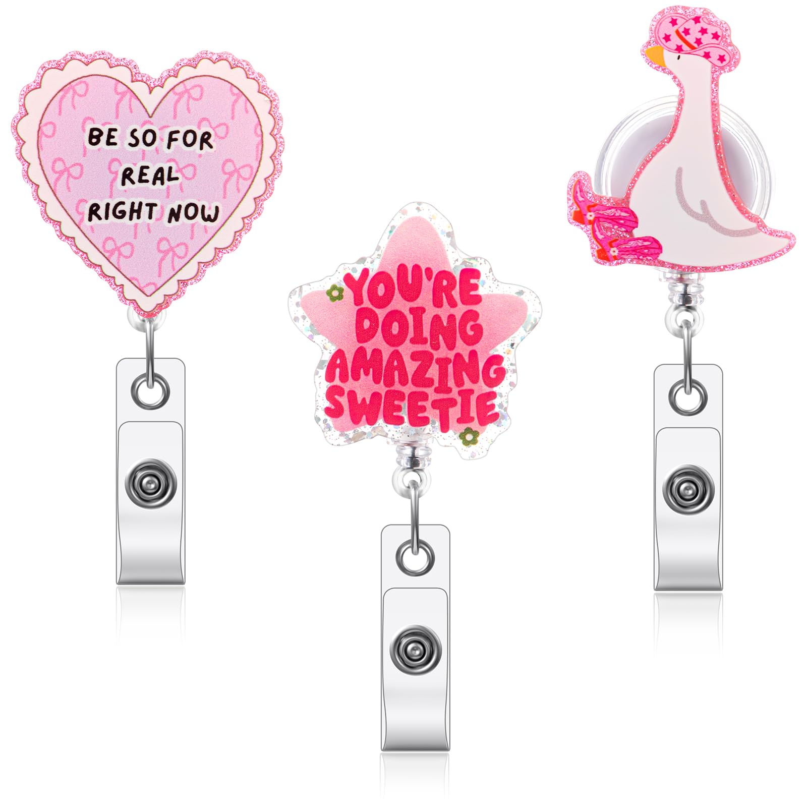 Vicenpal 3 Pcs Cute Badge Reel Silly Goose Heart Star Shaped Retractable Clip Holder with Clip Durable Nylon Cord Gift for Nurse