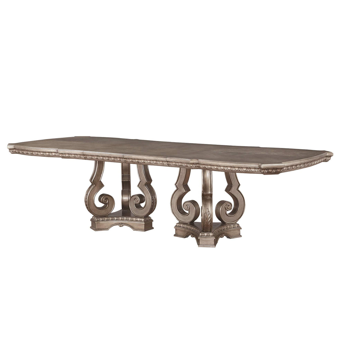 Benjara Wooden Extendable Dining Table With Double Pedestal Base, Silver